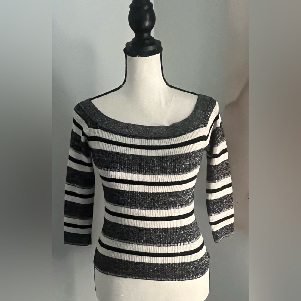 🔥SALE🔥Bebe Stretch Stripe Sweater with Sequin Accent Black and White Size Medium